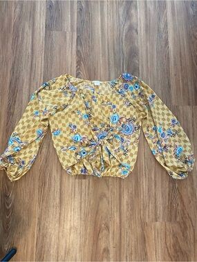 Floral Tie-Front Blouse in Mustard Yellow